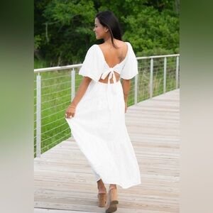 White Eyelet Puffed Sleeve Tiered Maxi Dress With Tie Back Closure